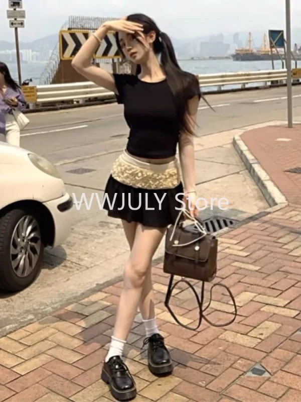 Summer Korean Fashion High Street Suit Black Short Sleeve T Shirt - Image 4