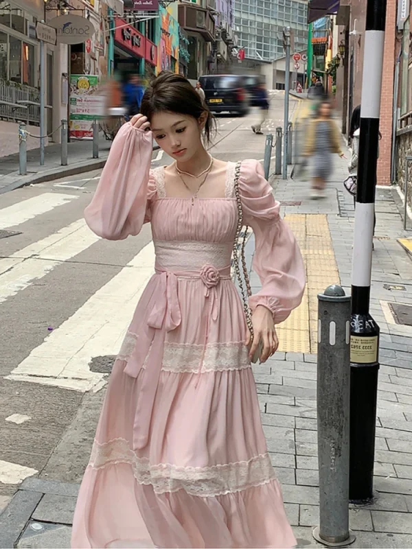 Woman French Elegant Lace Midi Dress Party Long Sleeve Korean Fashion - Image 5