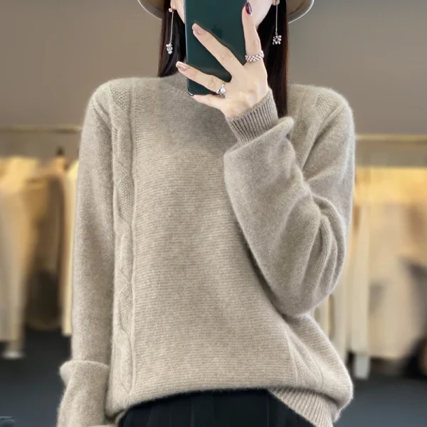 Wool women's sweater pullover semi-high neck thick long sleeve - Image 4