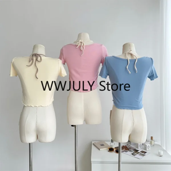 Sweet Kawaii Crop Tops Women Blue Bodycon Slim Blouse - Image 10