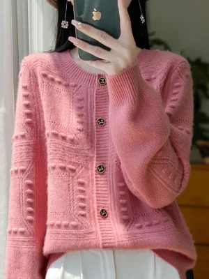 Wool round neck cardigan fashion luxury warm solid color bottoming sweater