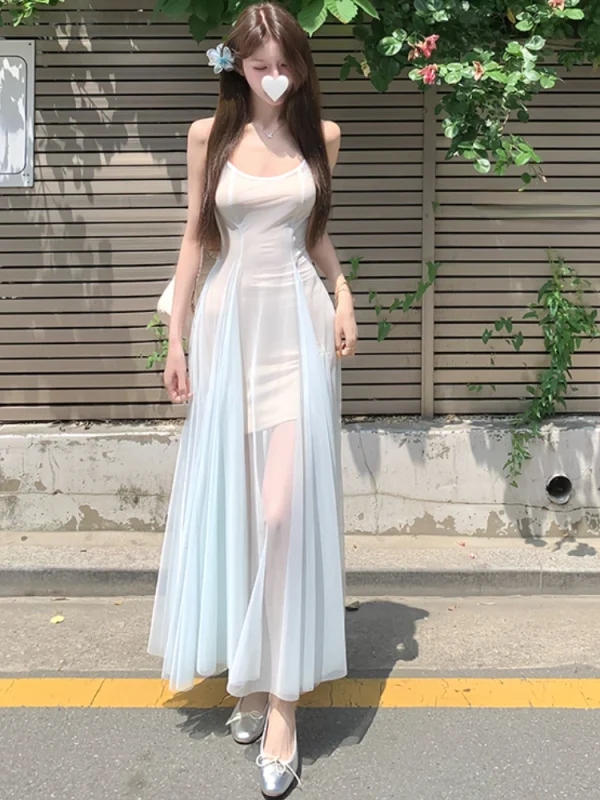 Woman French Elegant Midi Dress See Through Sexy Sleeveless Dress