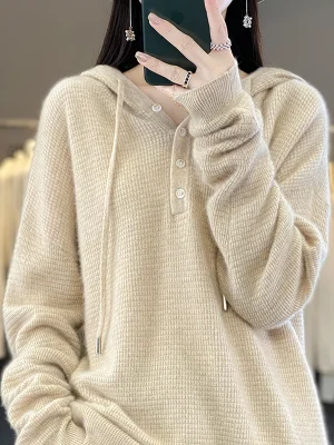 Sweater women’s knitted pullover hoodie solid color buttons