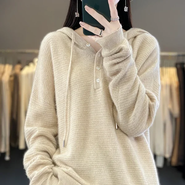 Sweater women's knitted pullover hoodie solid color buttons