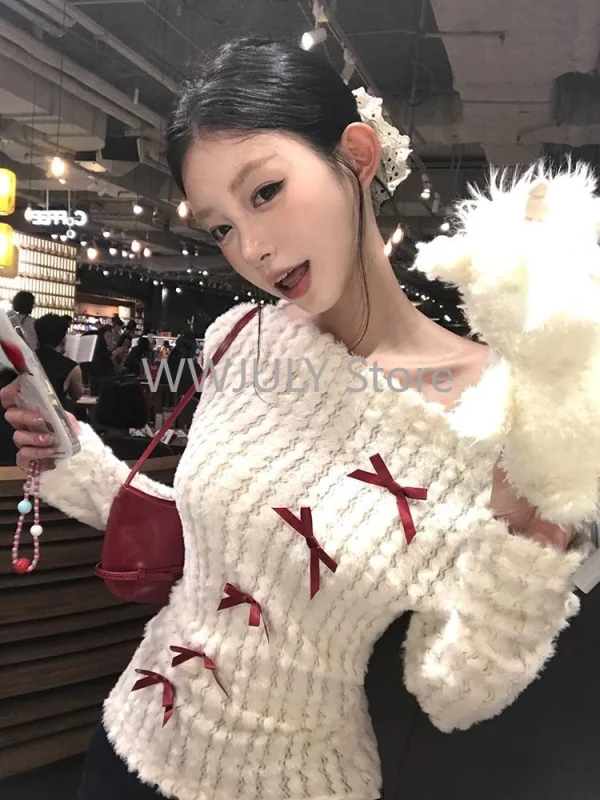 Woman Korean Fashion Bow Pullovers Sweater Long Sleeve Knitwears - Image 3