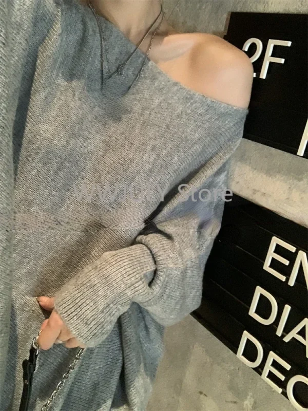 Casual Loose Knitted Sweater Woman Off Shoulder Korean Fashion - Image 4