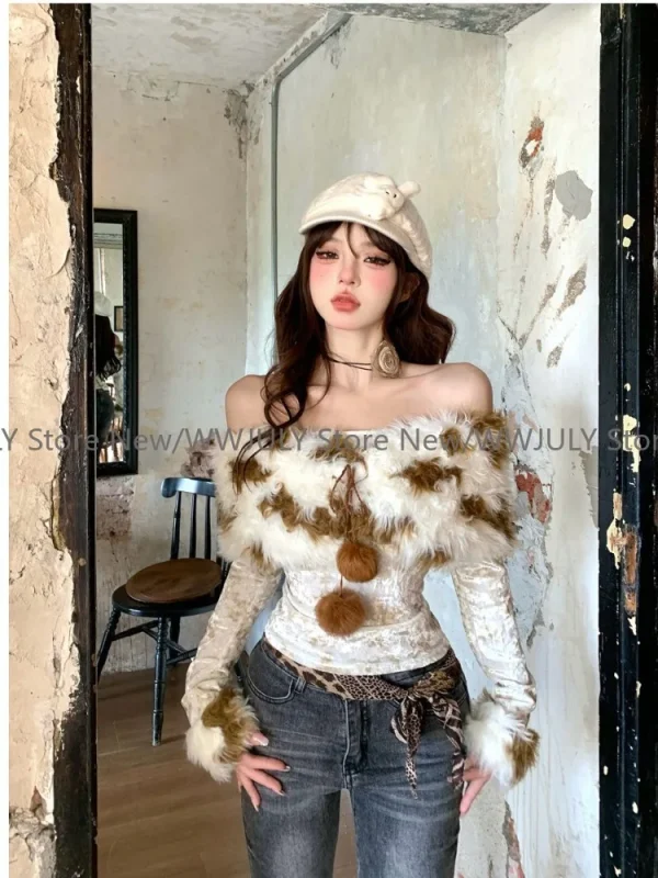 Vintage Fur Patchwork Off Shoulder T-shirt for Women - Image 2