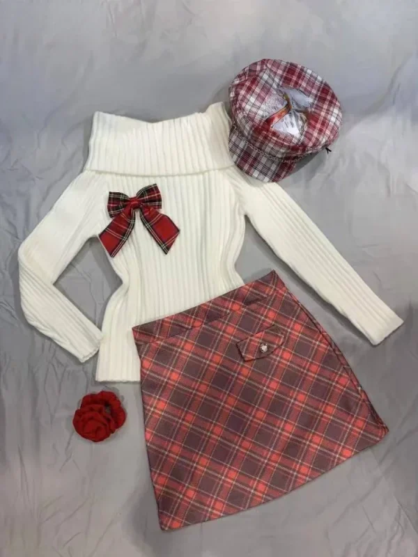 Sweet Knitted Two Piece Sets Women Elegant Bow Sweater Tops Retro Plaid Mini Skirt - Image 2