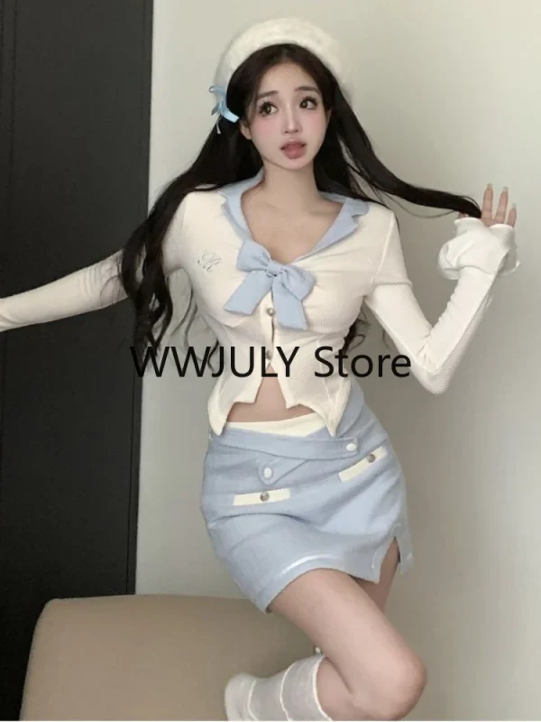 Autumn Kawaii Blue Suit Woman Japanese Style Y2k Crop Tops - Image 3