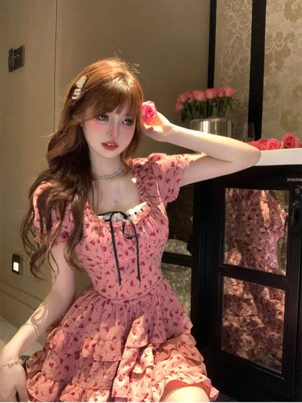 Elegant Floral Mini Dress Party Cute One Piece Dress Korean Fashion