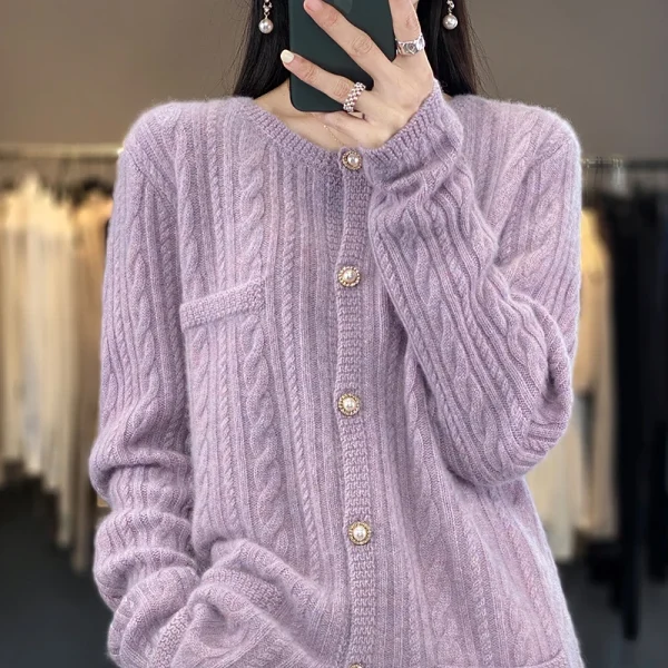 wool cardigan women's solid color loose twisted knit sweater - Image 2