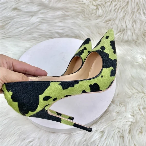 Hairy Fabric Women Green Cow Pattern Pointy Toe High Heel Shoes - Image 4