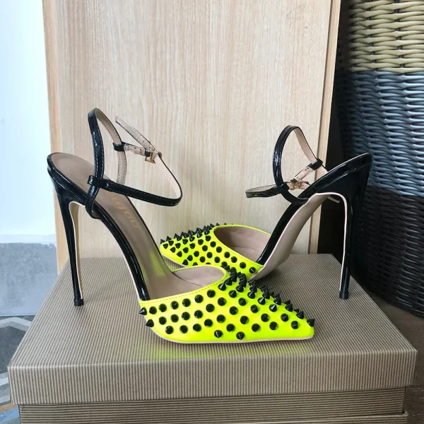 Lemon Green Women Sexy Spikes Pointy Toe Sling back High Heels - Image 5