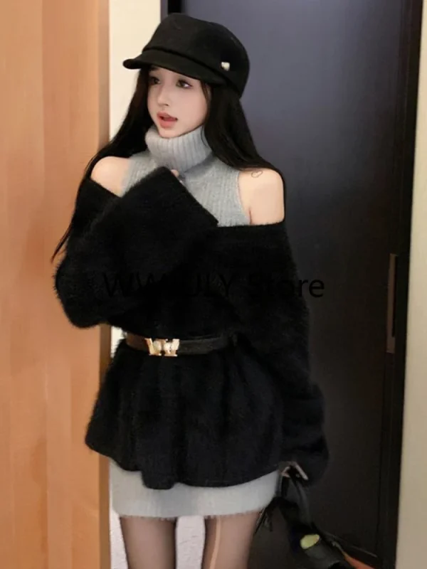 Elegant Knitted Suit Woman Black Sweater Tops Slim - Image 3