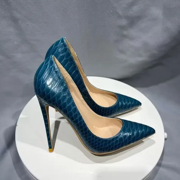 Dark Blue Croc-Effect Women Sexy Pointy Toe High Heel Shoes - Image 3