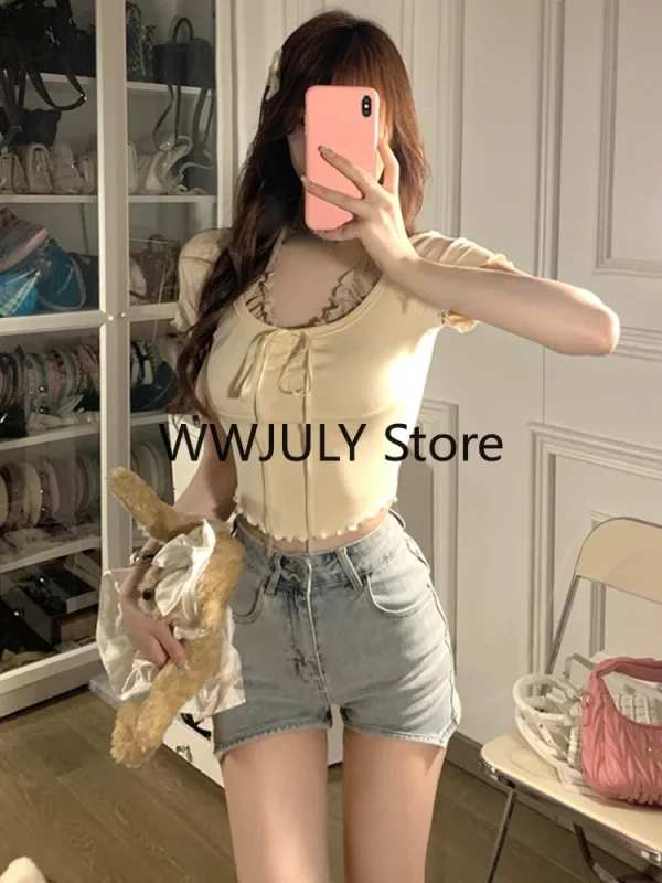 Sweet Kawaii Crop Tops Women Blue Bodycon Slim Blouse - Image 6