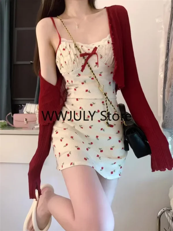 Sweet 2 Piece Dress Set Woman Red Long Sleeve Cardigan - Image 3