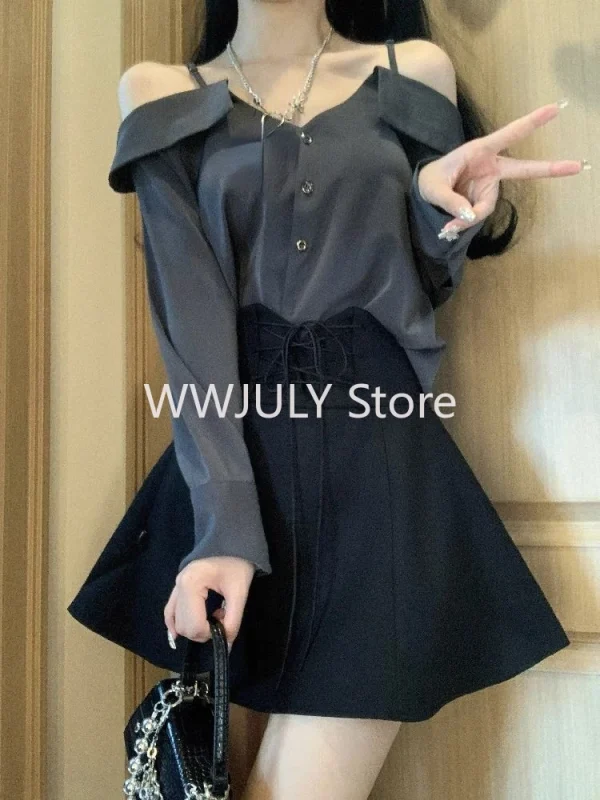 Fashion Strapless Slash Neck Shirt Top Elastic Waist Bandage A-Line Skirts - Image 4