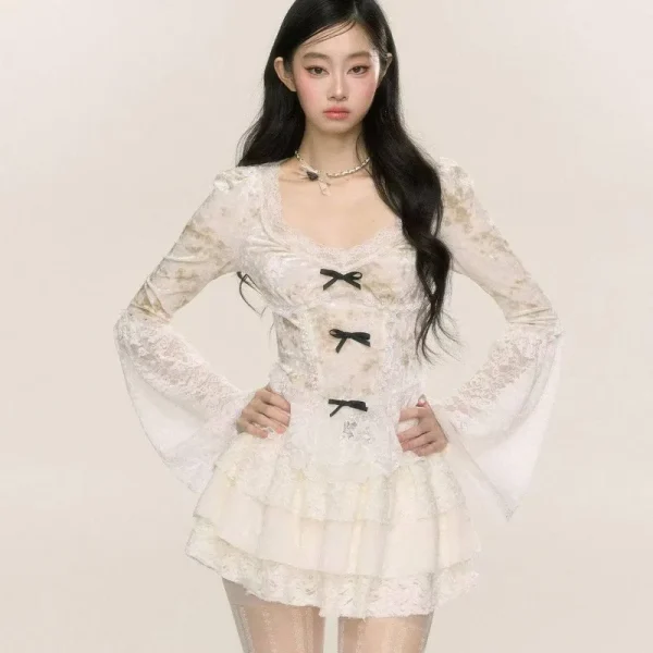 Winter Lace Long-sleeved Tops High Waist A-line Mini Skirt Two-piece Set Female - Image 2