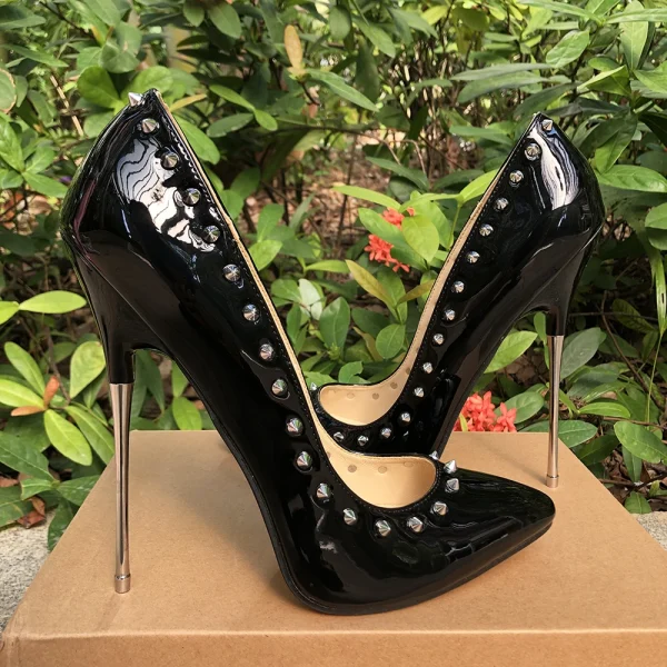 Extreme Thin High Heels Women Black Punk Spikes Stiletto Pumps - Image 3