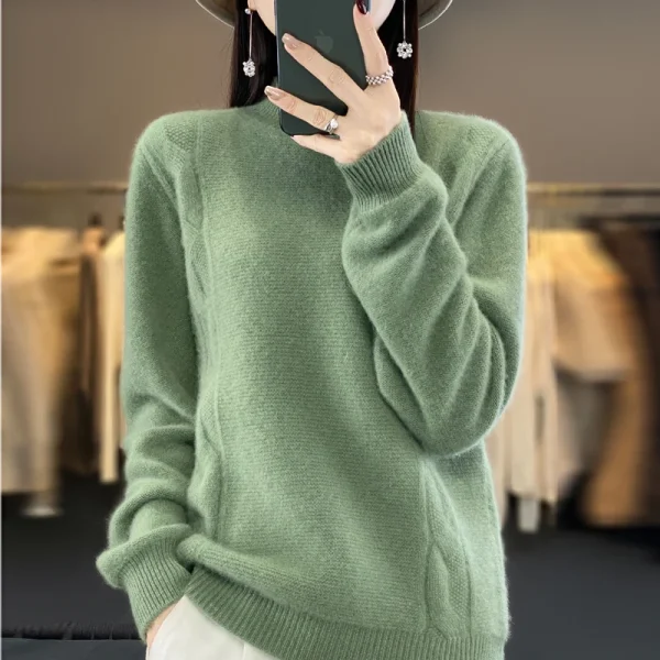 Wool women's sweater pullover semi-high neck thick long sleeve - Image 3