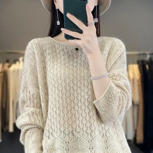 sweater women's knitted hollow round neck pullover - Image 3