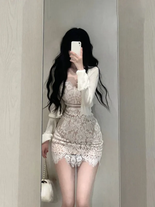 Elegant Lace Dress Suit Woman Short Party Sleeveless Mini Dress Korea Fashion - Image 2