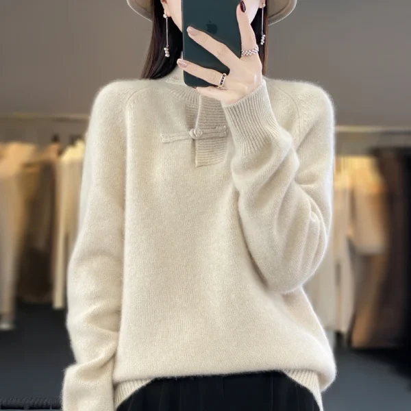 wool cashmere sweater retro buckle stand collar women's loose - Image 3