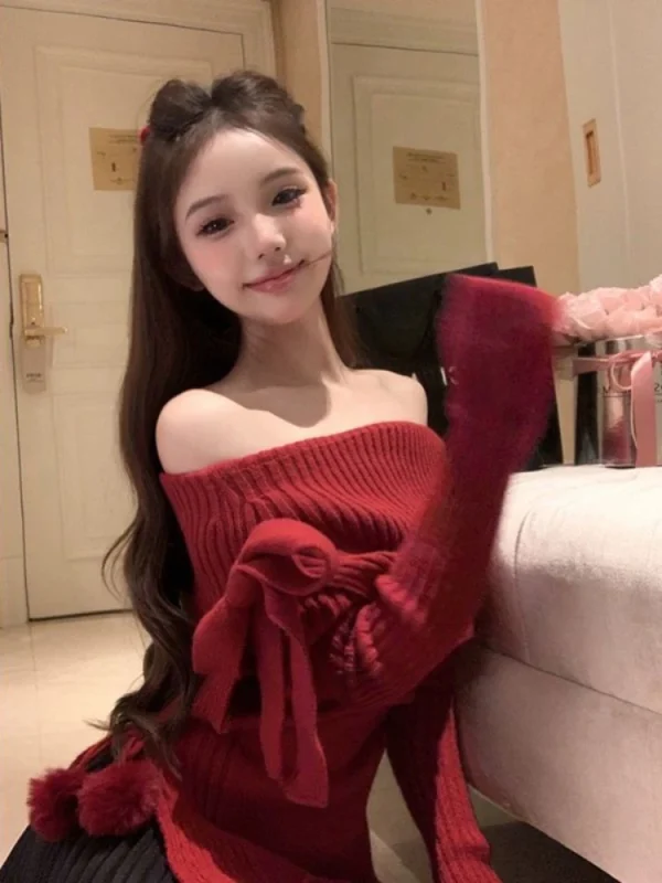 Korean Fashion Knitted Sweater Clothing Off Shoulder Casual Slim - Image 2