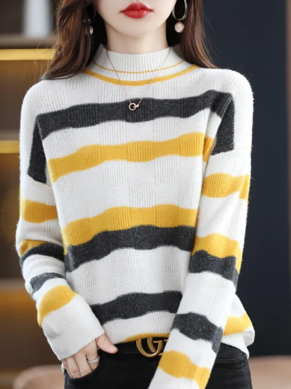 Cashmere sweater female O-neck striped pure wool pullover - Image 3