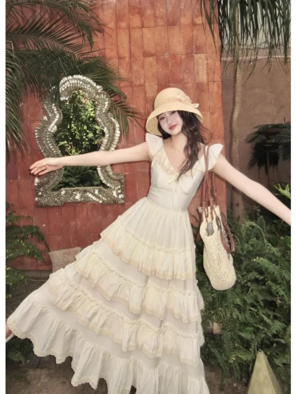 Woman French Elegant Midi Dress Even Party Holiday Fairy Cake Dress - Image 2