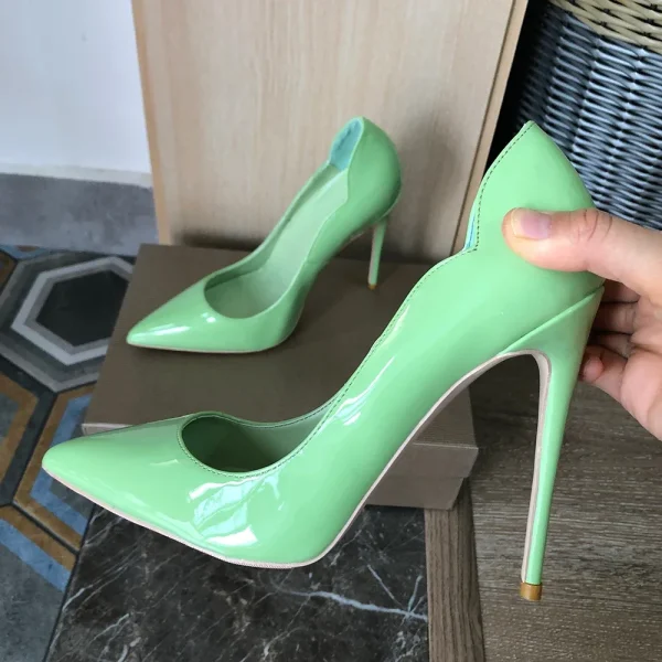 Glossy Light Green Women Side V Edeged Pointy Toe Formal Dress - Image 6