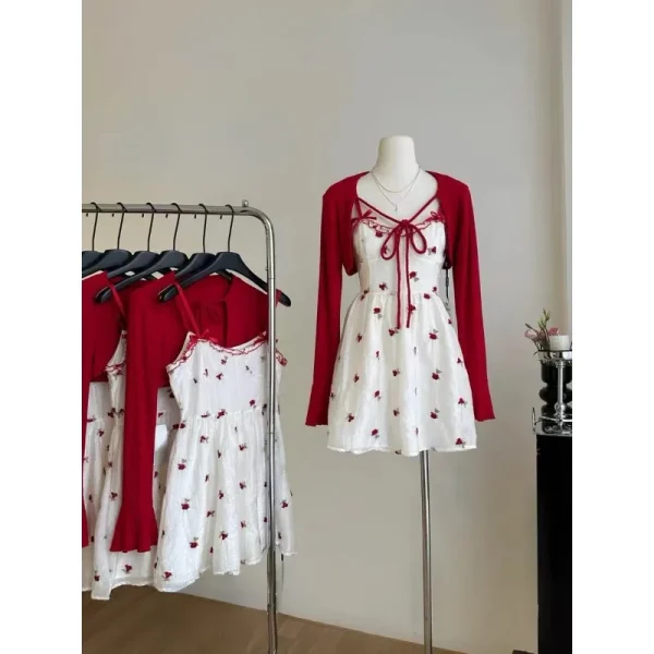 Sweet Fashion 2 Piece Dress Set Woman Red Knitted Short Cardigan - Image 6