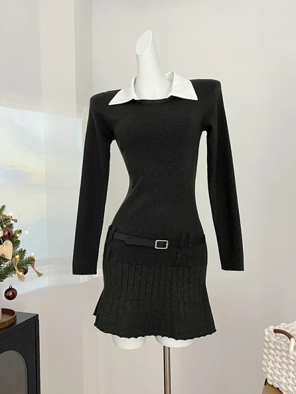 Women Korean Preppy Style Mini Black Shirt Dress Fake Two Pieces Long Sleeve - Image 5