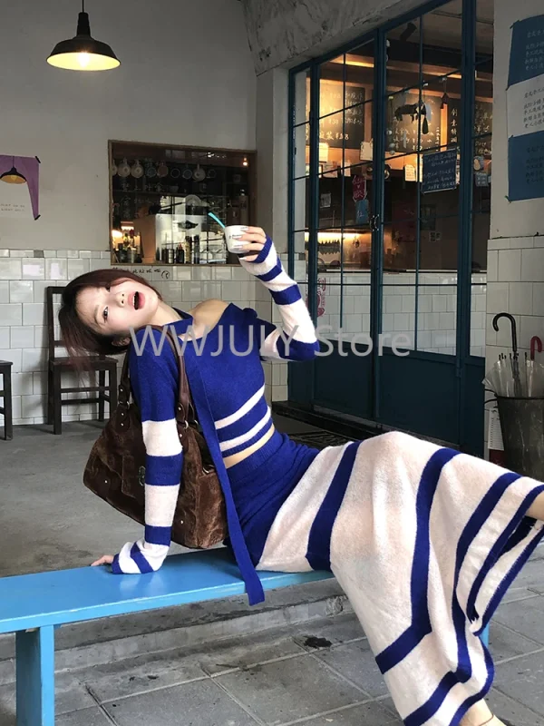 Blue Knitted Sets Women Korean Fashion Striped Suit Casual - Image 8