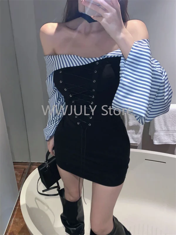 Woman American Style Vintage Off Shoulder Lace Up Sexy Dress - Image 4