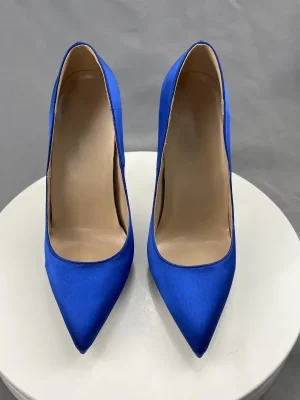 Women Blue Silk Satin Sexy Pointy Toe High Heels Pumps