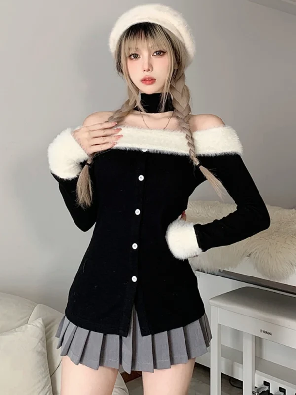 Winter Slim Vintage Black Tops Office Lady Long Sleeve Casual Pullover