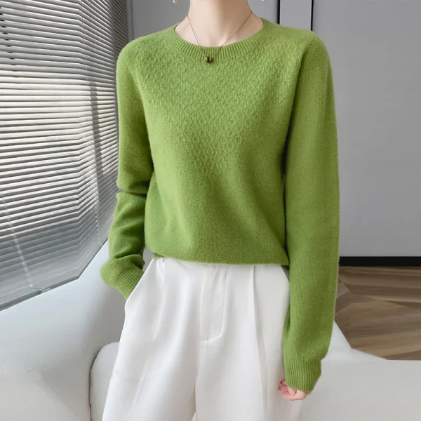 Cashmere sweater round neck solid color jacquard pullover loose knit - Image 6