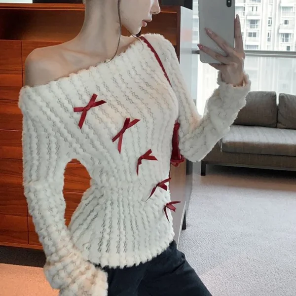 Woman Korean Fashion Bow Pullovers Sweater Long Sleeve Knitwears - Image 2