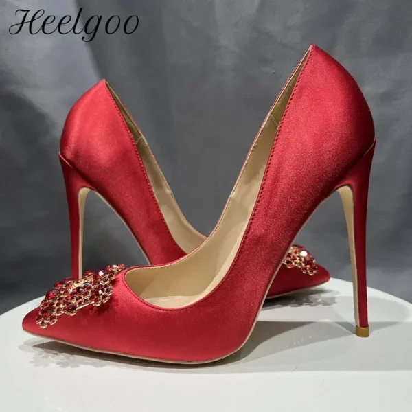 Sexy Rhinestones Square Women Red Satin Pointy Toe High Heel - Image 2