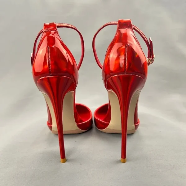 Shiny Red Patent Leather Women Ankle Strap Pumps - Image 4