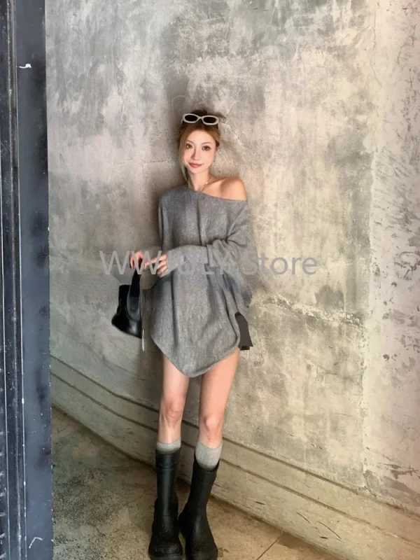 Casual Loose Knitted Sweater Woman Off Shoulder Korean Fashion - Image 6