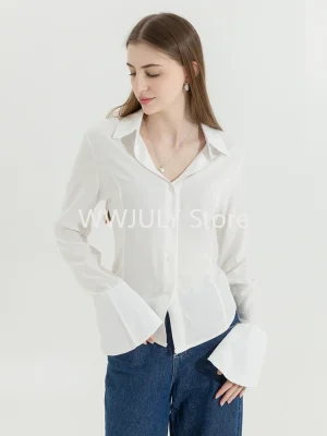 Women Retro Solid Color Slim Chiffon Shirt Turn-down Collar Flare Sleeve