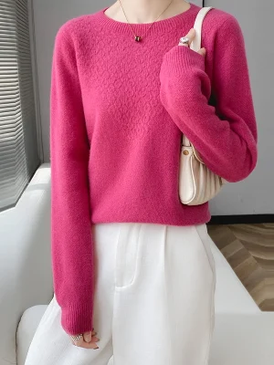 Cashmere sweater round neck solid color jacquard pullover loose knit