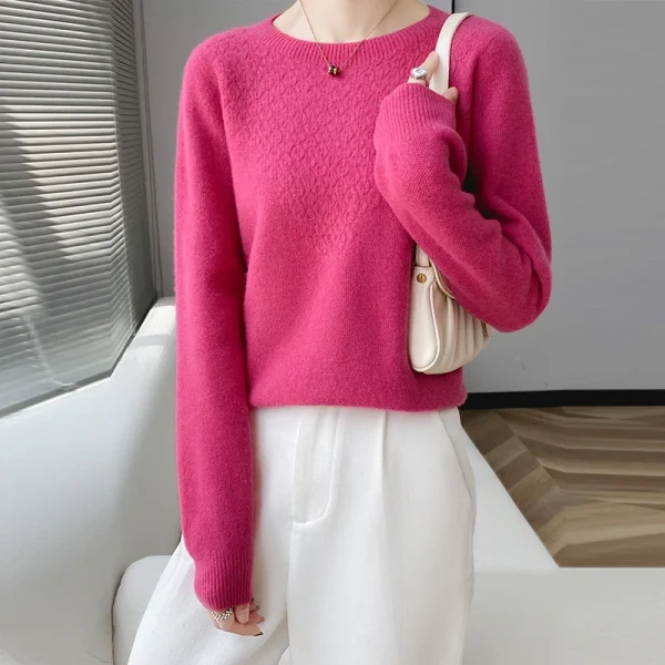 Cashmere sweater round neck solid color jacquard pullover loose knit