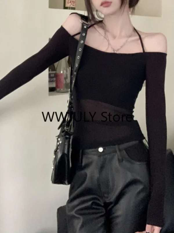 Korean Mesh Stitching Casual Black Long-sleeved T-shirt Women - Image 3