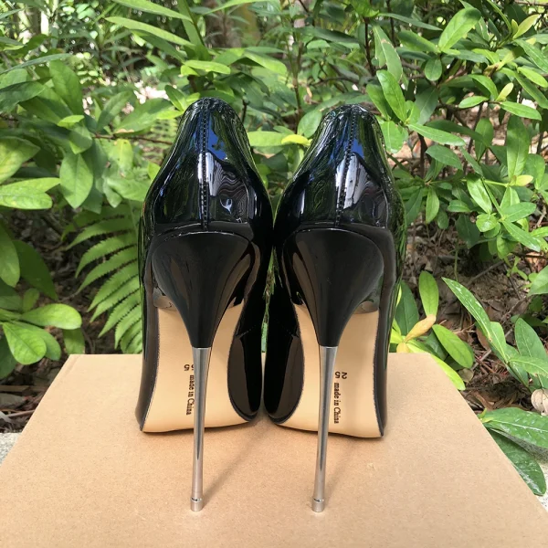 Shiny Black Women Slip On Pointy Toe High Heel Shoes 16cm - Image 3