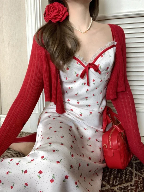 Sweet Sexy 2 Piece Dress Set Woman Red Short Cardigan