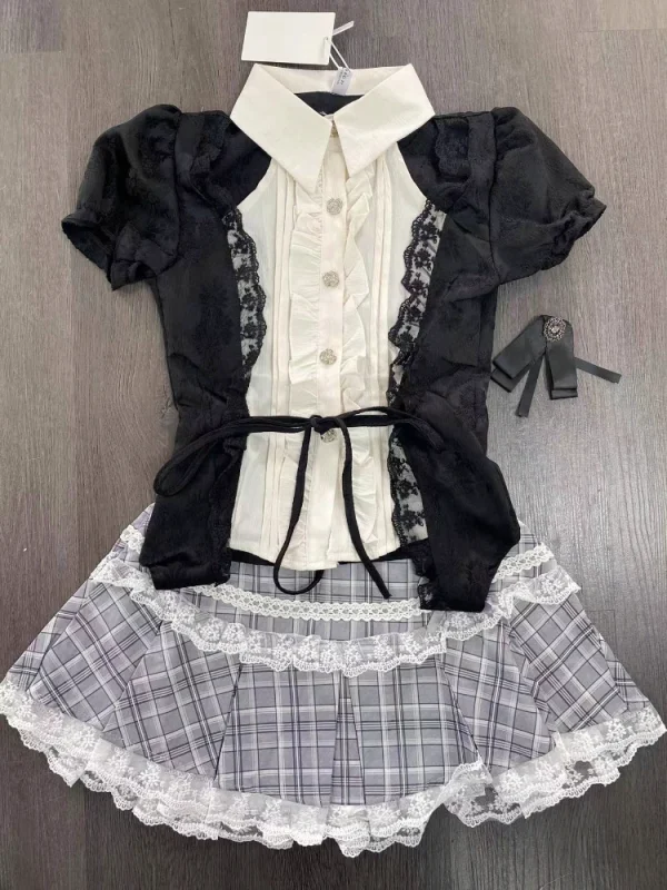 Women Lace Up Vintage Kawaii Sets Female Princess Mini Skirts Suit 2025